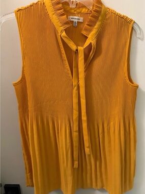 Max Studio Mustard Yellow Tie-Neck Pleated Sleeveless Blouse